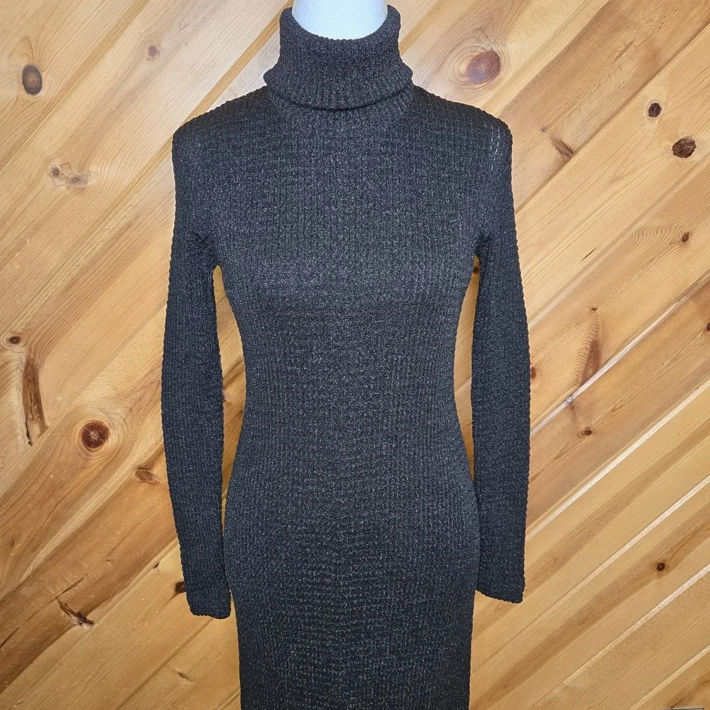 Vtg ARBE Imports 100%‎ Metallic Full Length Turtle Neck Dress Womens 10 Stretch